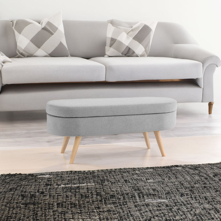 Oval Storage Ottoman Bench with Wood Legs, Light Grey