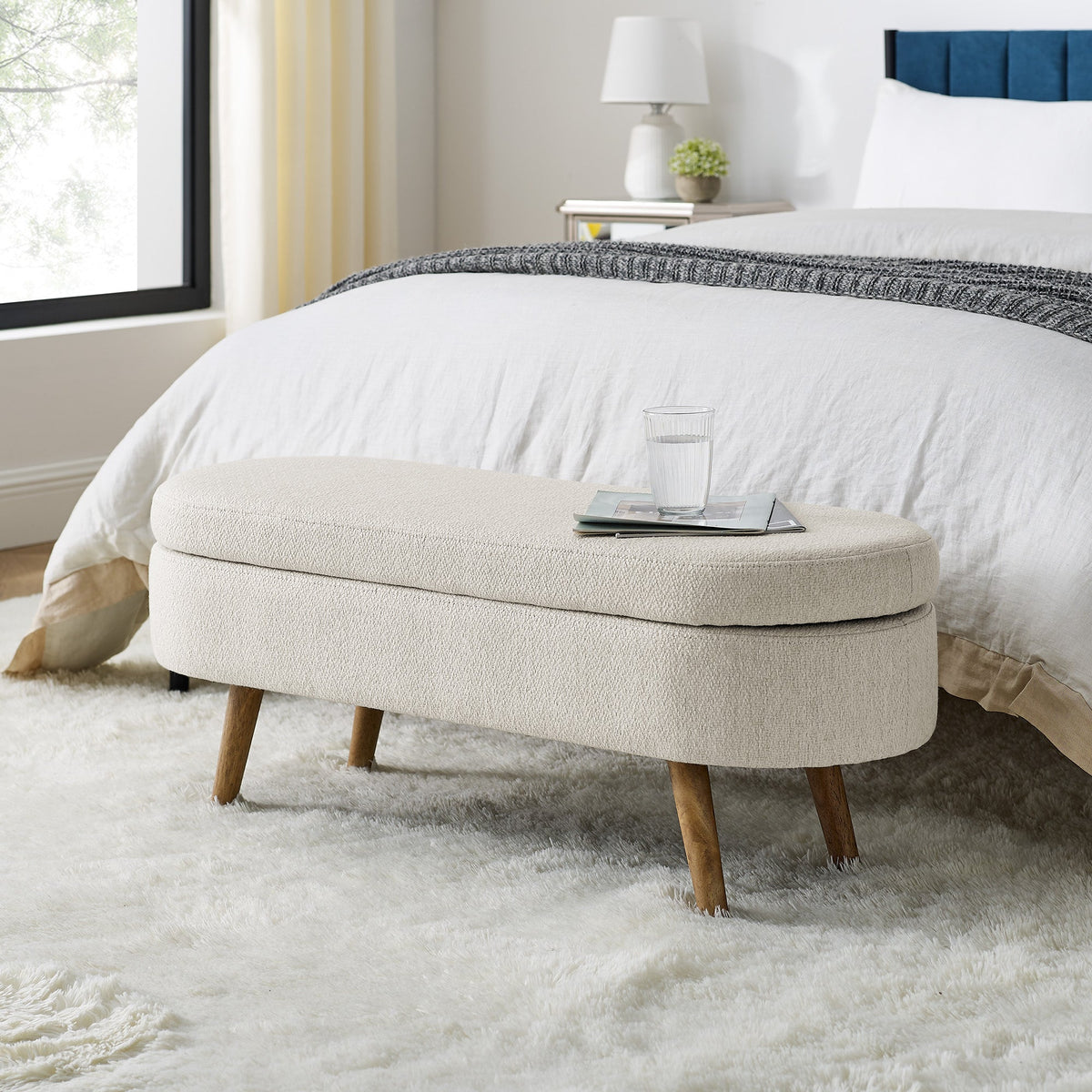 Oval Storage Bench with Rubber Wood Legs, Beige