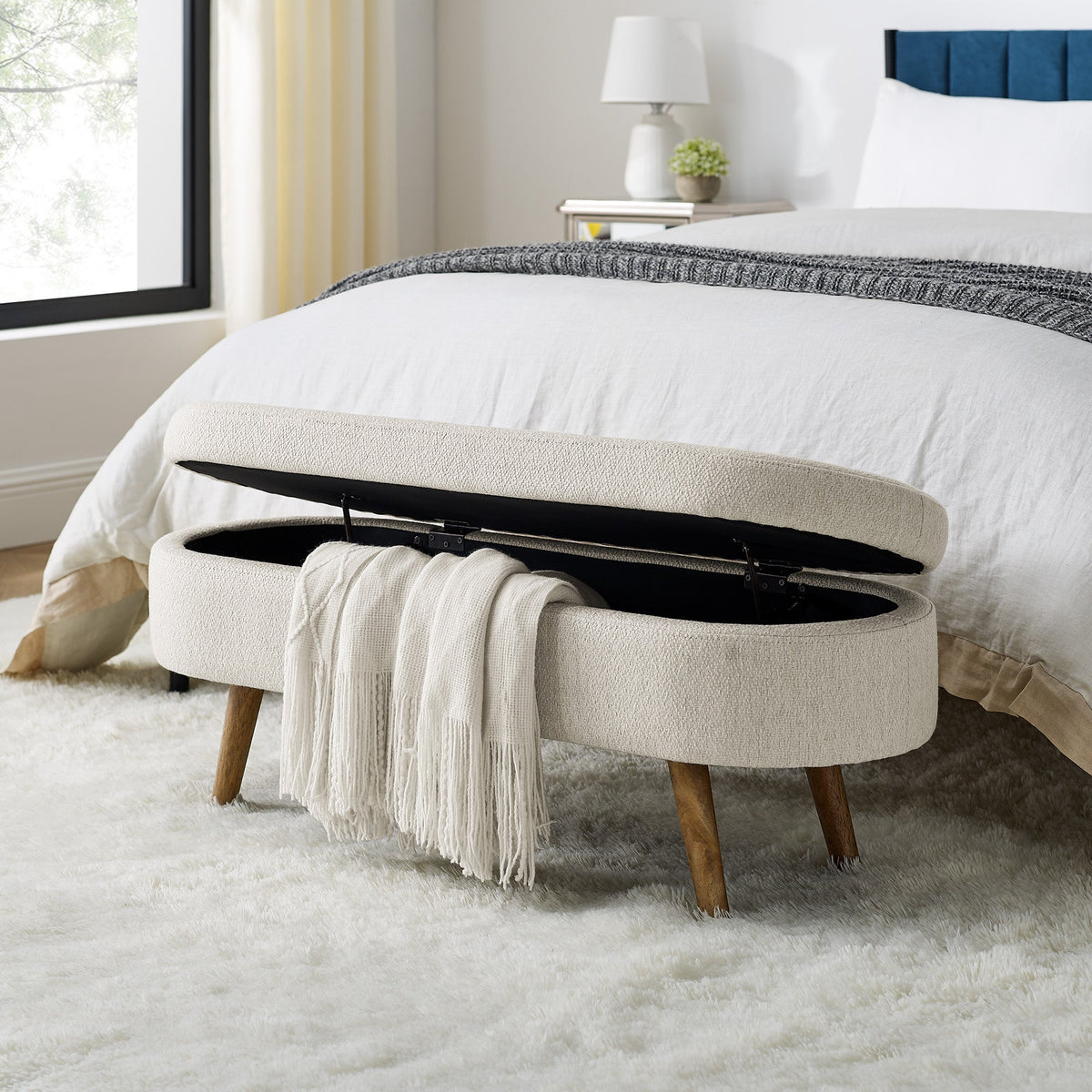 Oval Storage Bench with Rubber Wood Legs, Beige