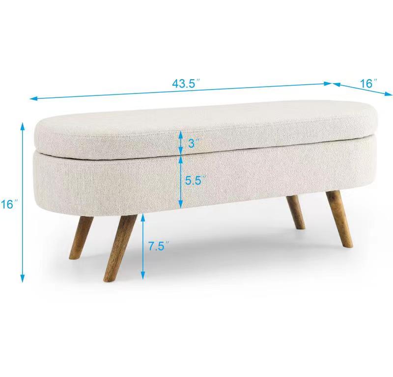 Oval Storage Bench with Rubber Wood Legs, Beige