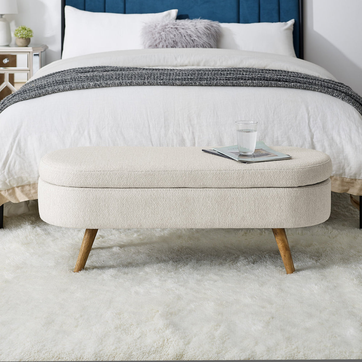 Oval Storage Bench with Rubber Wood Legs, Beige
