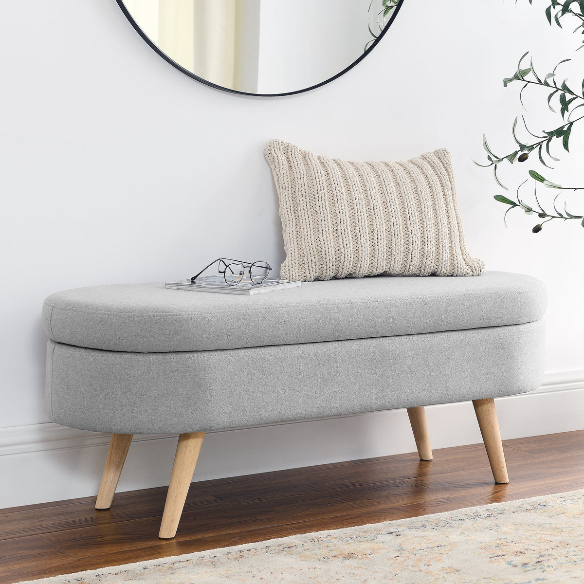 Oval Storage Ottoman Bench with Wood Legs, Light Grey