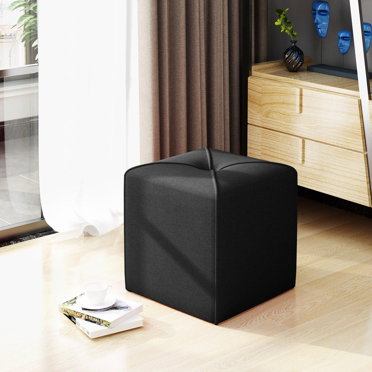 Square Upholstered Ottoman, Charcoal Tufted Footstool