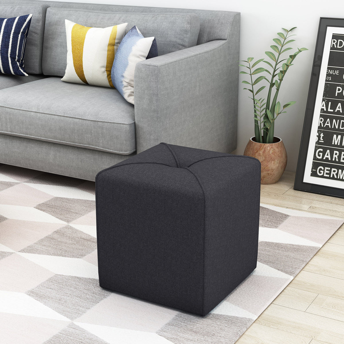 Square Upholstered Ottoman, Charcoal Tufted Footstool