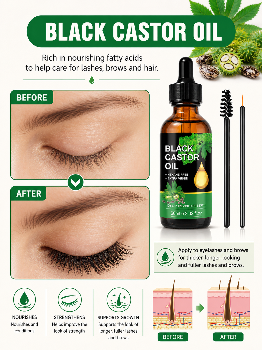 Black Castor Oil for Hair Growth, Lashes & Brows — 60ml