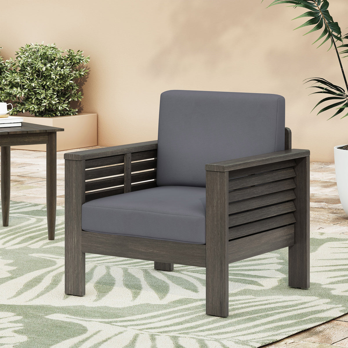 Outdoor Acacia Wood Club Chair with Gray Cushions