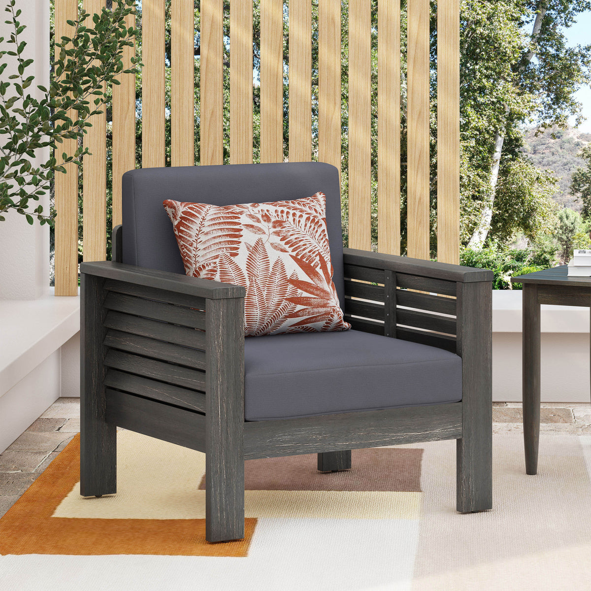 Outdoor Acacia Wood Club Chair with Gray Cushions