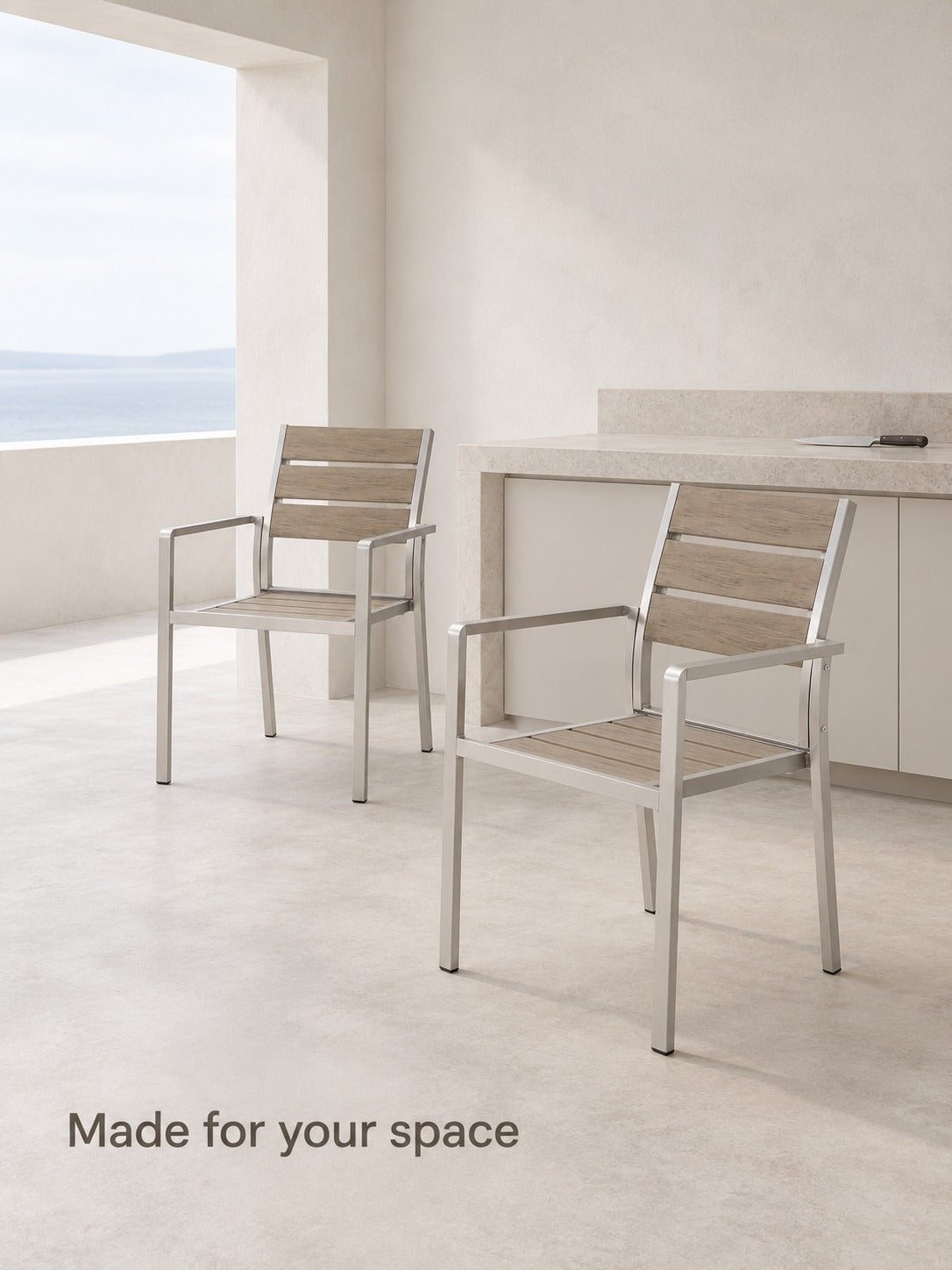 Set of 2 Outdoor Aluminum Dining Chairs, Faux Wood