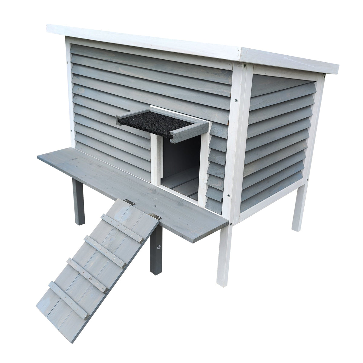 Breathable Outdoor Cat House with Porch Deck & Ramp