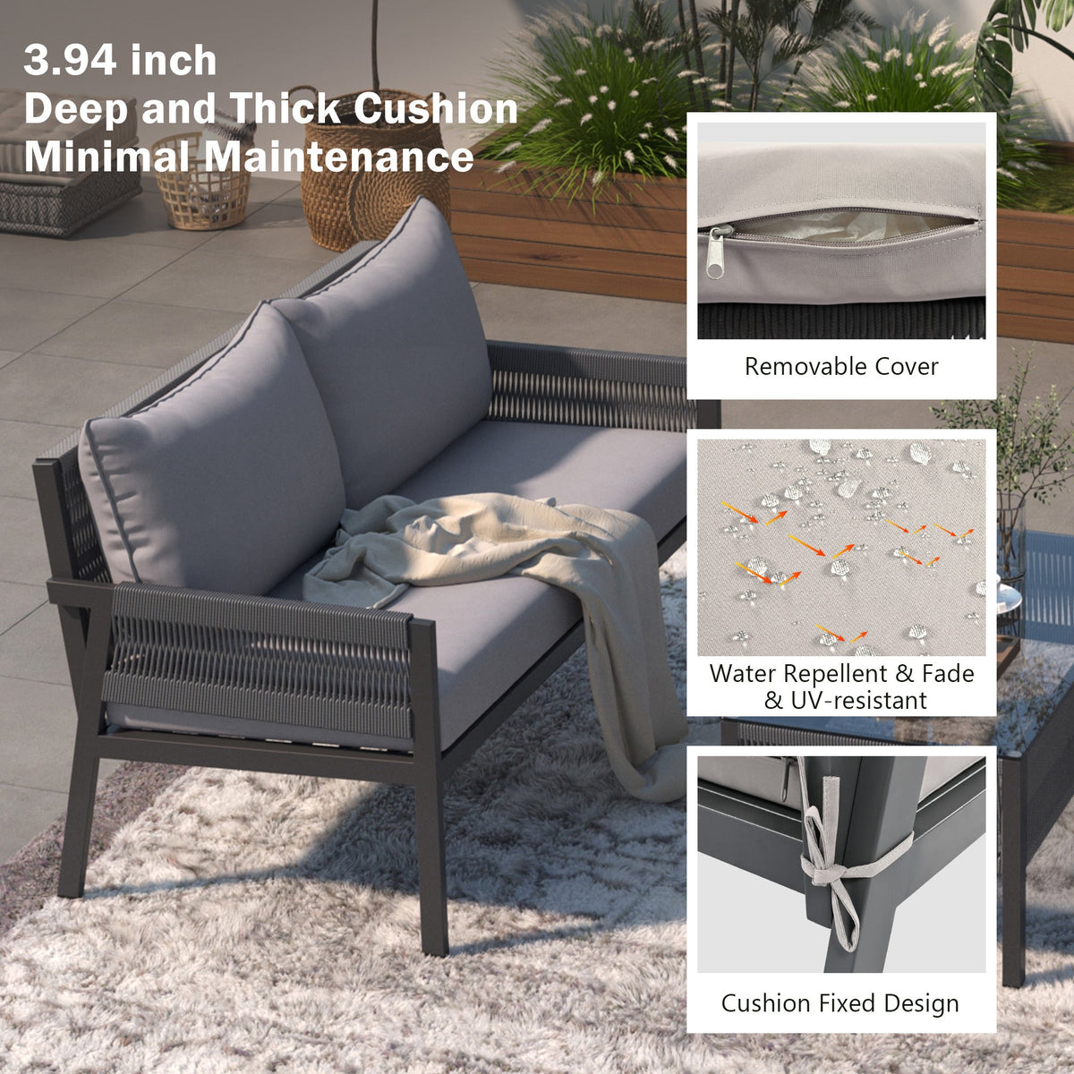Outdoor Furniture Set with Glass Table & Thick Cushions