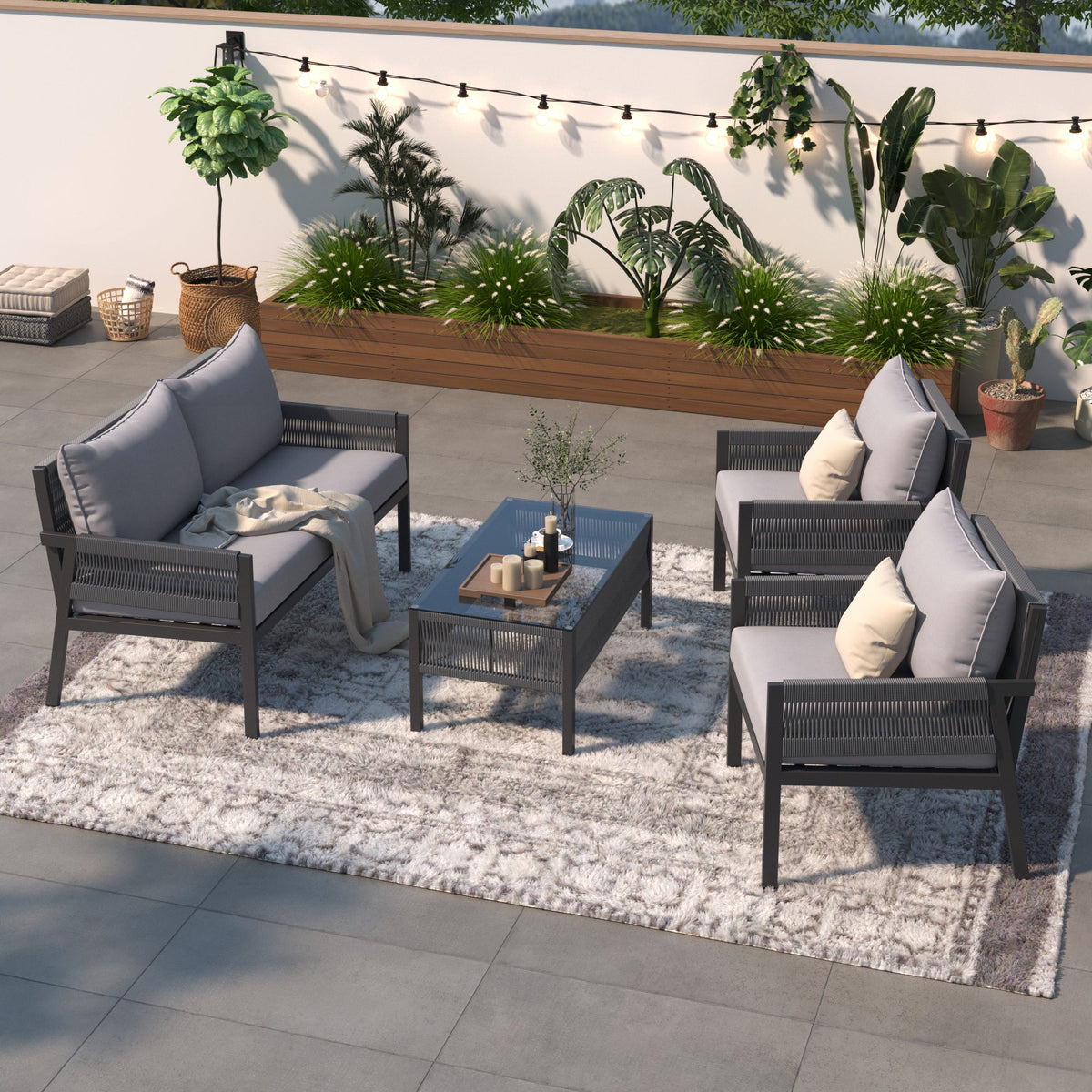 Outdoor Furniture Set with Glass Table & Thick Cushions