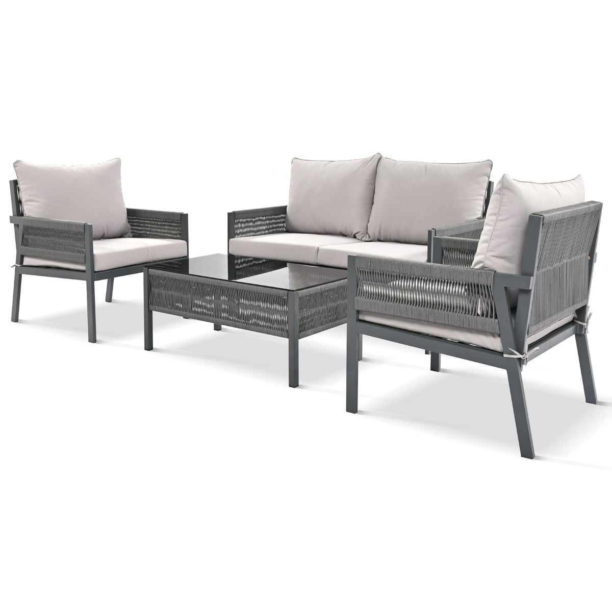 Outdoor Furniture Set with Glass Table & Thick Cushions