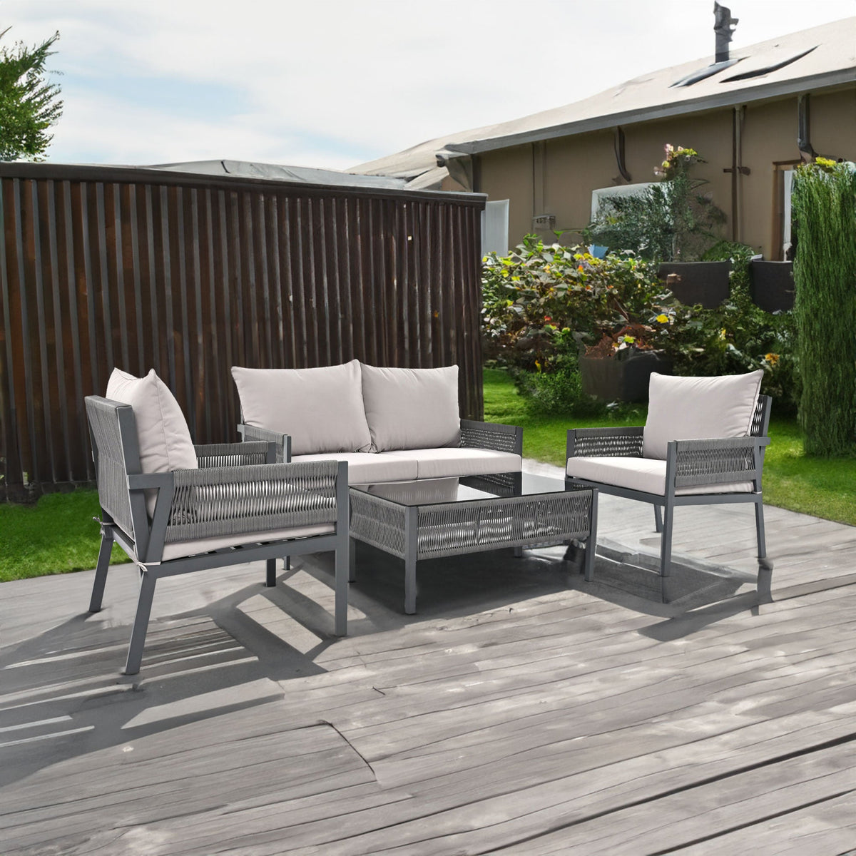 Outdoor Furniture Set with Glass Table & Thick Cushions