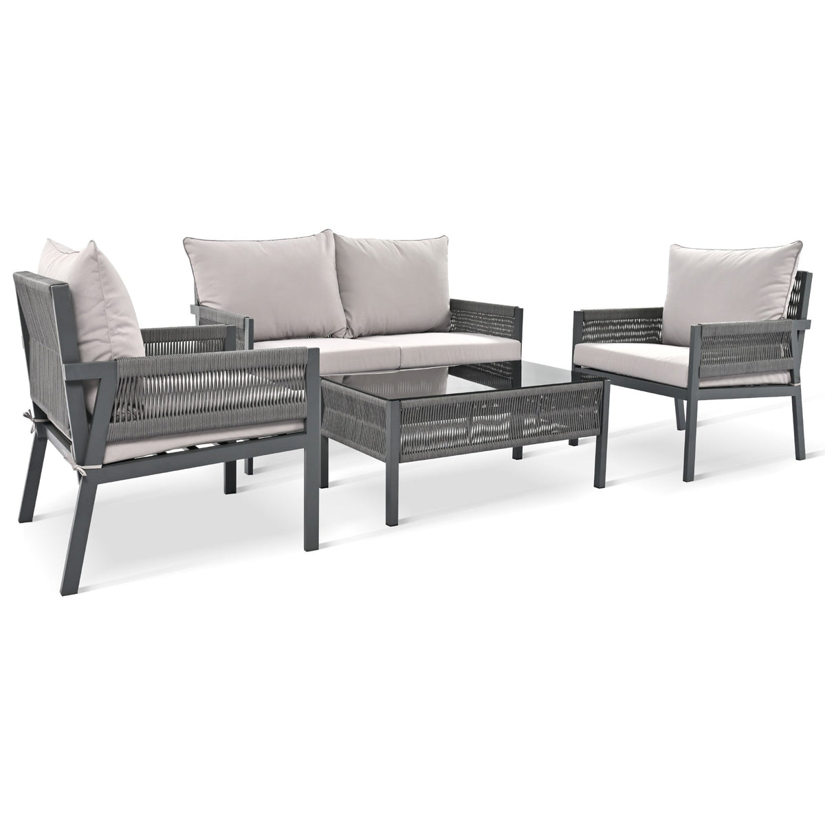 Outdoor Furniture Set with Glass Table & Thick Cushions