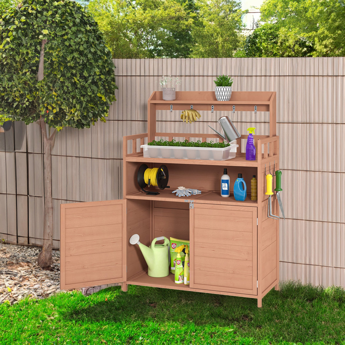 Outdoor Potting Bench with Storage Cabinet and Work Rails