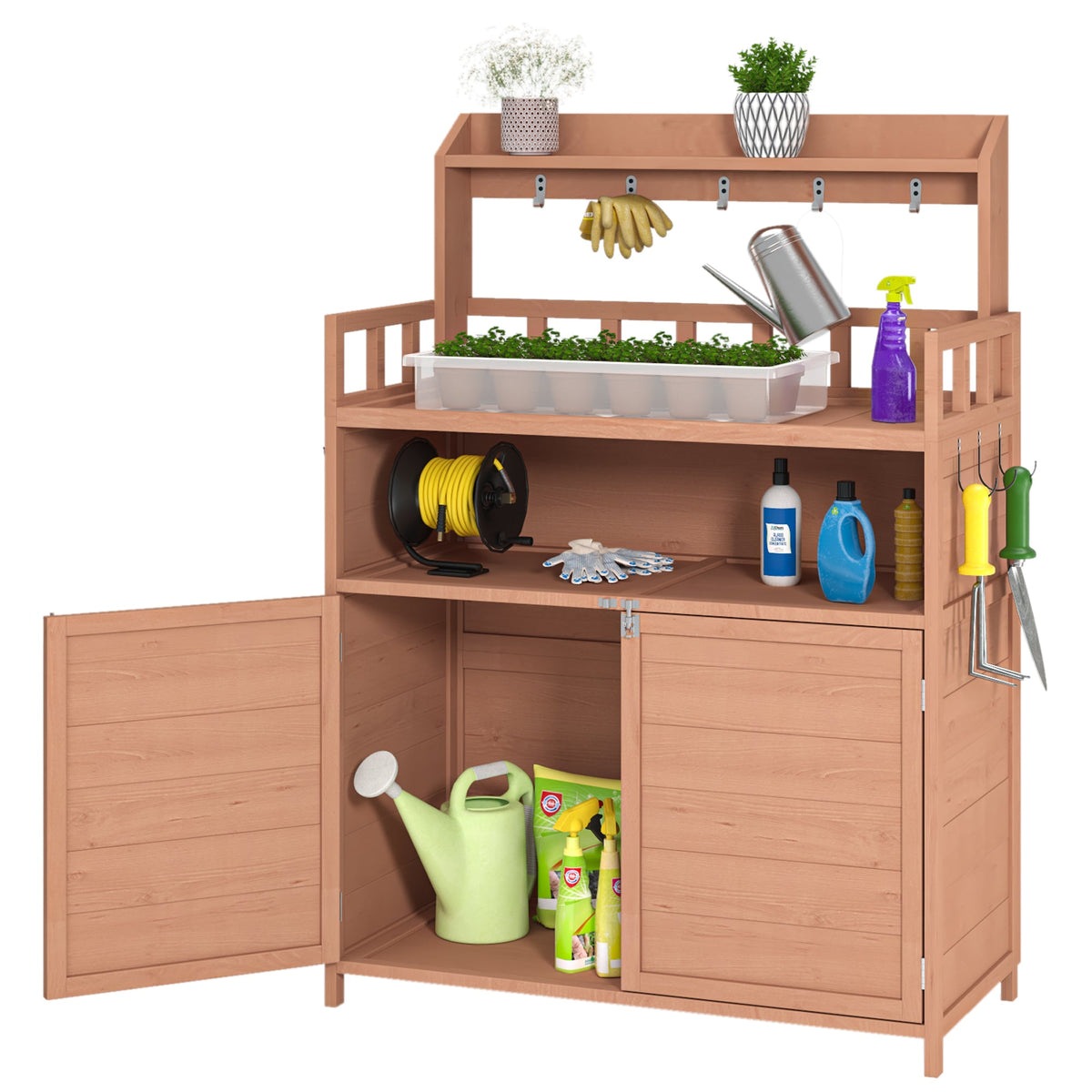 Outdoor Potting Bench with Storage Cabinet and Work Rails