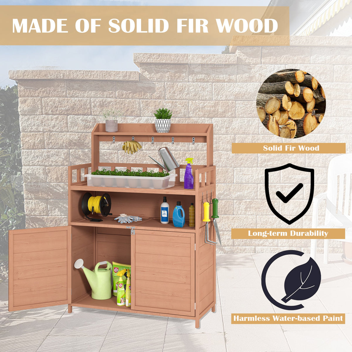 Outdoor Potting Bench with Storage Cabinet and Work Rails