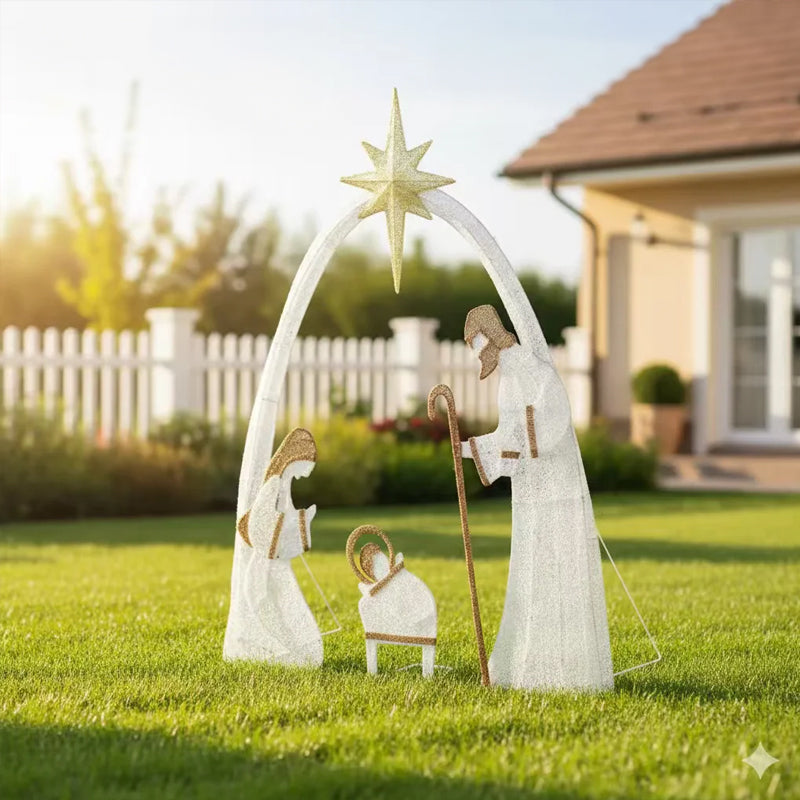 Outdoor Nativity Scene with Copper Wire Christmas Lights