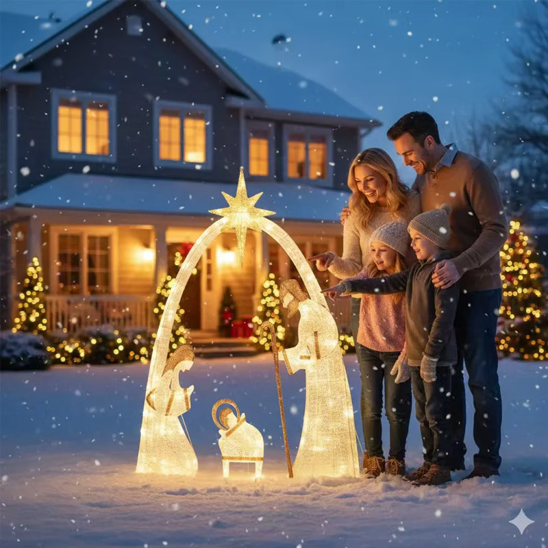Outdoor Nativity Scene with Copper Wire Christmas Lights