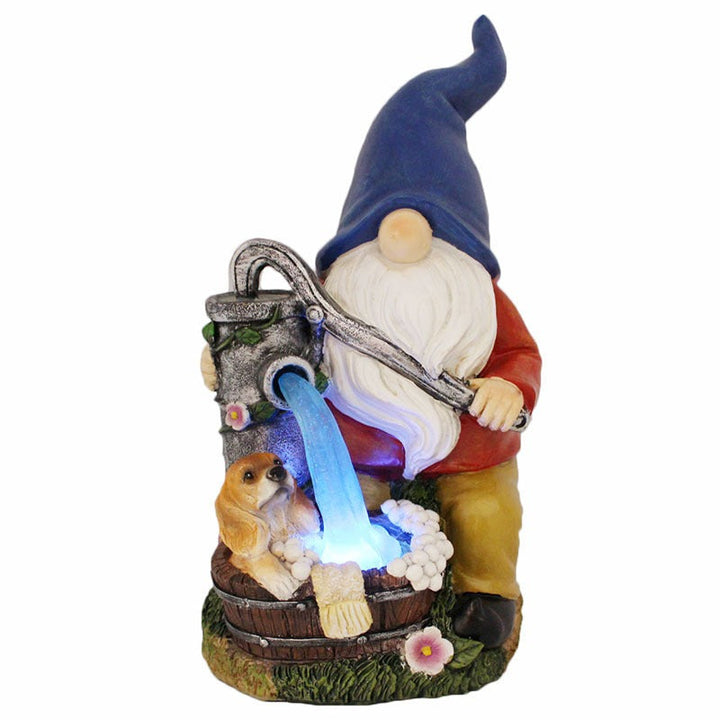 Solar Gnome Garden Statue with Glowing Water Fountain