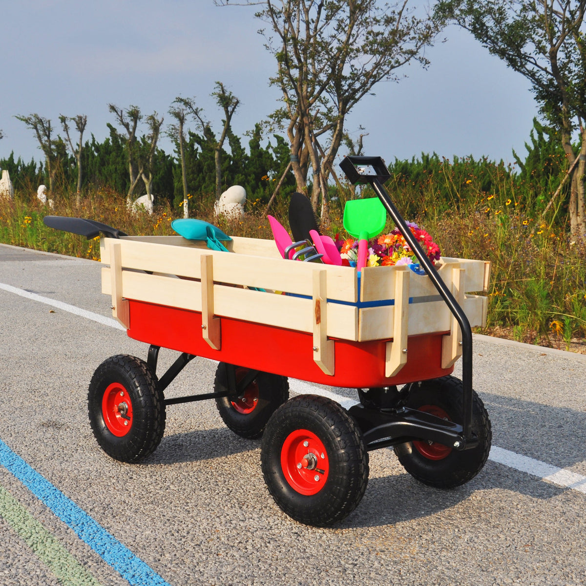 Outdoor Utility Wagon with Large Air Tires & Wood Rails