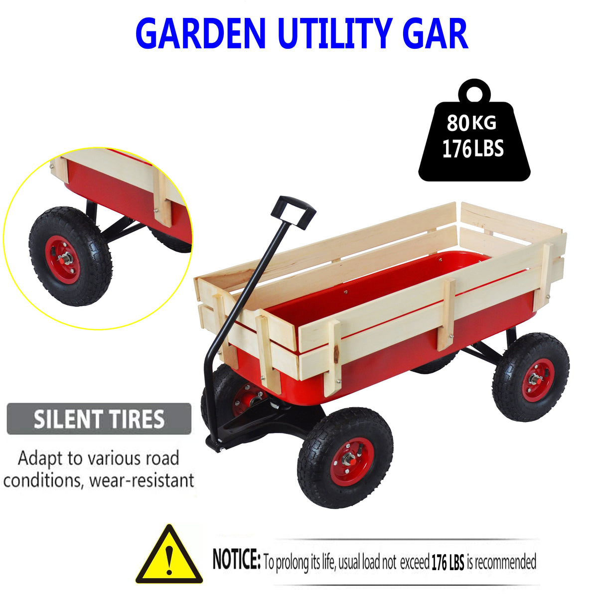 Outdoor Utility Wagon with Large Air Tires & Wood Rails