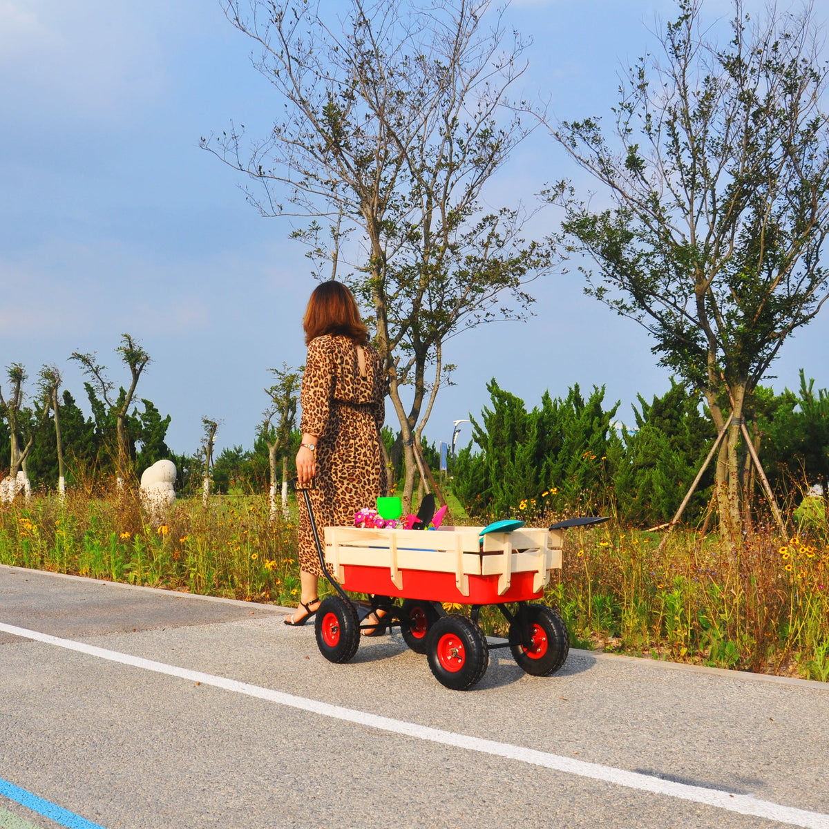 Outdoor Utility Wagon with Large Air Tires & Wood Rails
