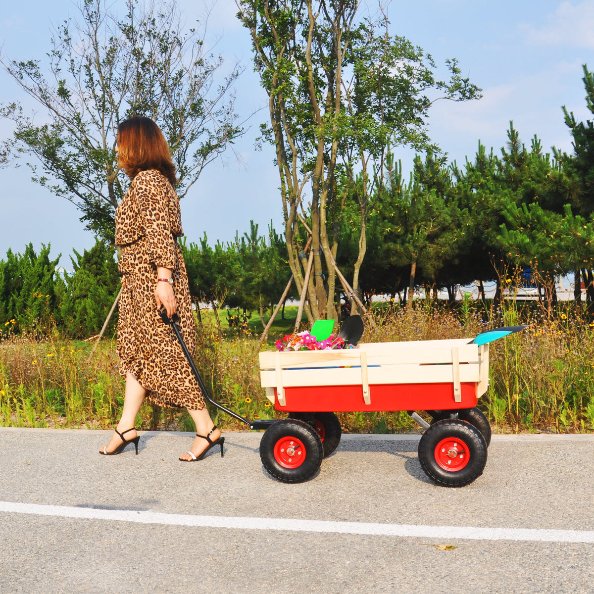 Outdoor Utility Wagon with Large Air Tires & Wood Rails