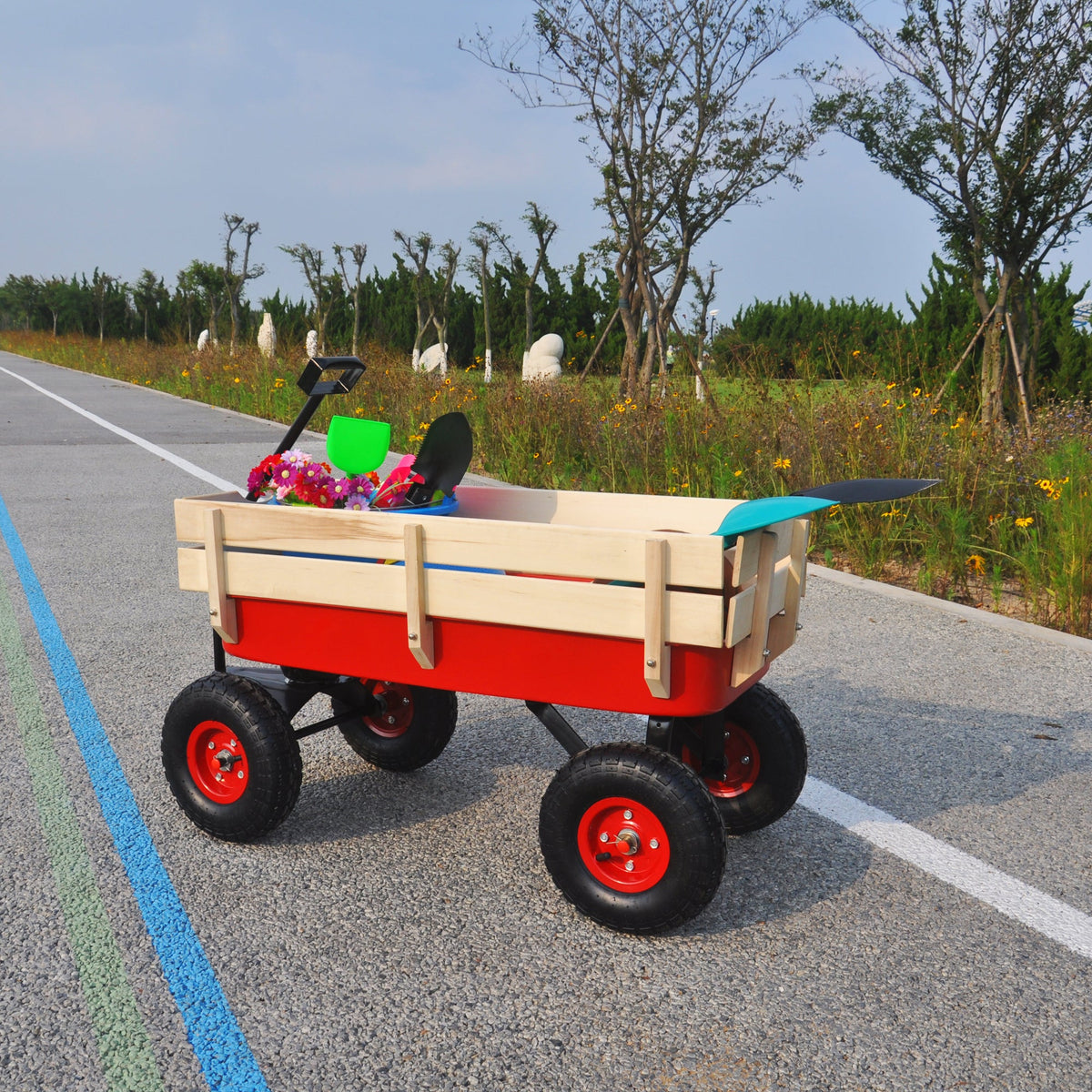 Outdoor Utility Wagon with Large Air Tires & Wood Rails