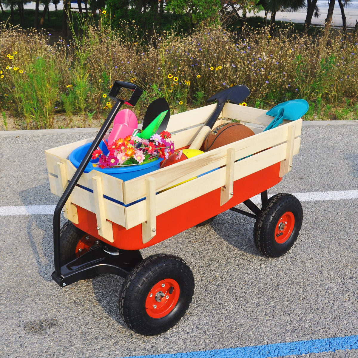 Outdoor Utility Wagon with Large Air Tires & Wood Rails