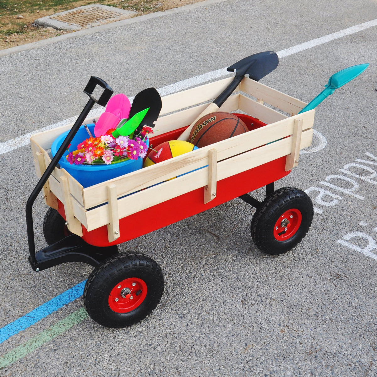 Outdoor Utility Wagon with Large Air Tires & Wood Rails