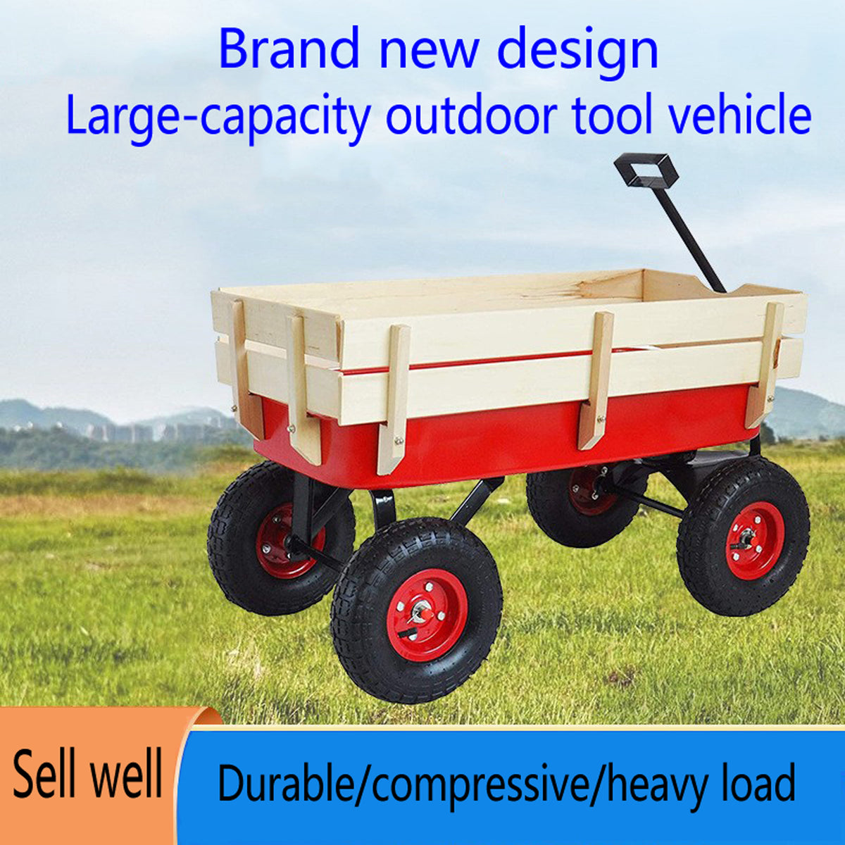 Outdoor Utility Wagon with Large Air Tires & Wood Rails