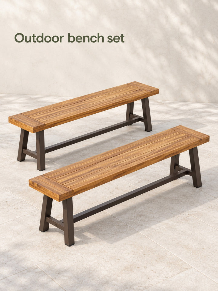 Outdoor Wood Bench Set for Patio, Sandblasted Brown