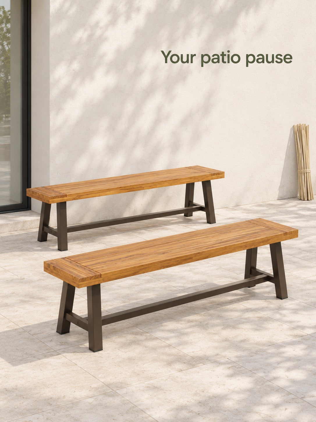 Outdoor Wood Bench Set for Patio, Sandblasted Brown