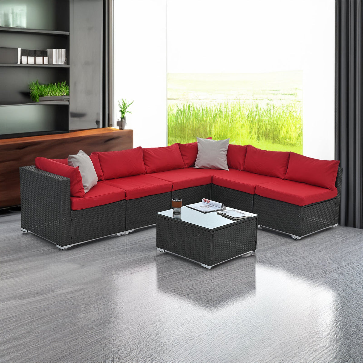 Rattan Patio Sectional Set with Red Cushions & Glass Table