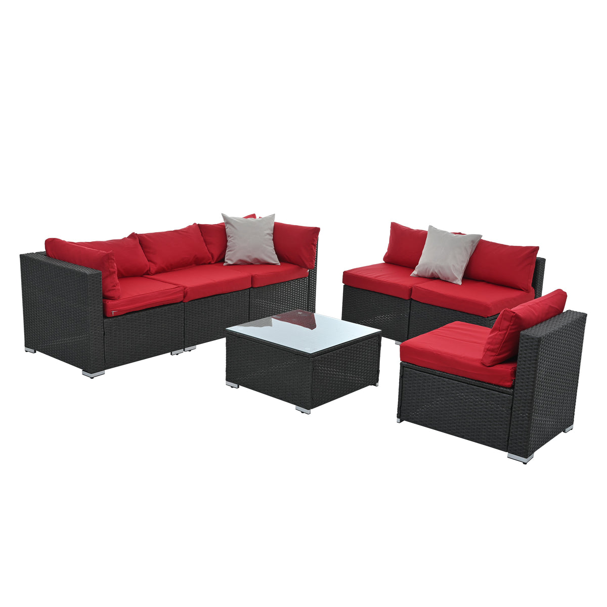 Rattan Patio Sectional Set with Red Cushions & Glass Table