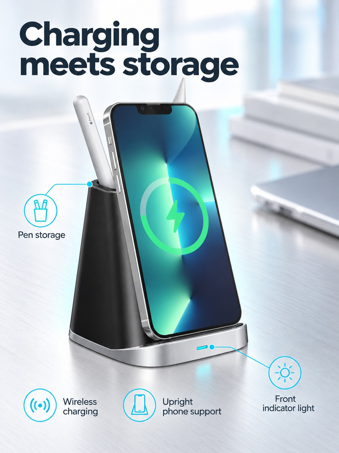 Wireless Charger Pen Holder Desk Stand for iPhone 13