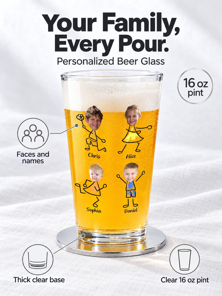 Personalized 16 oz Beer Glass With Family Photos & Names