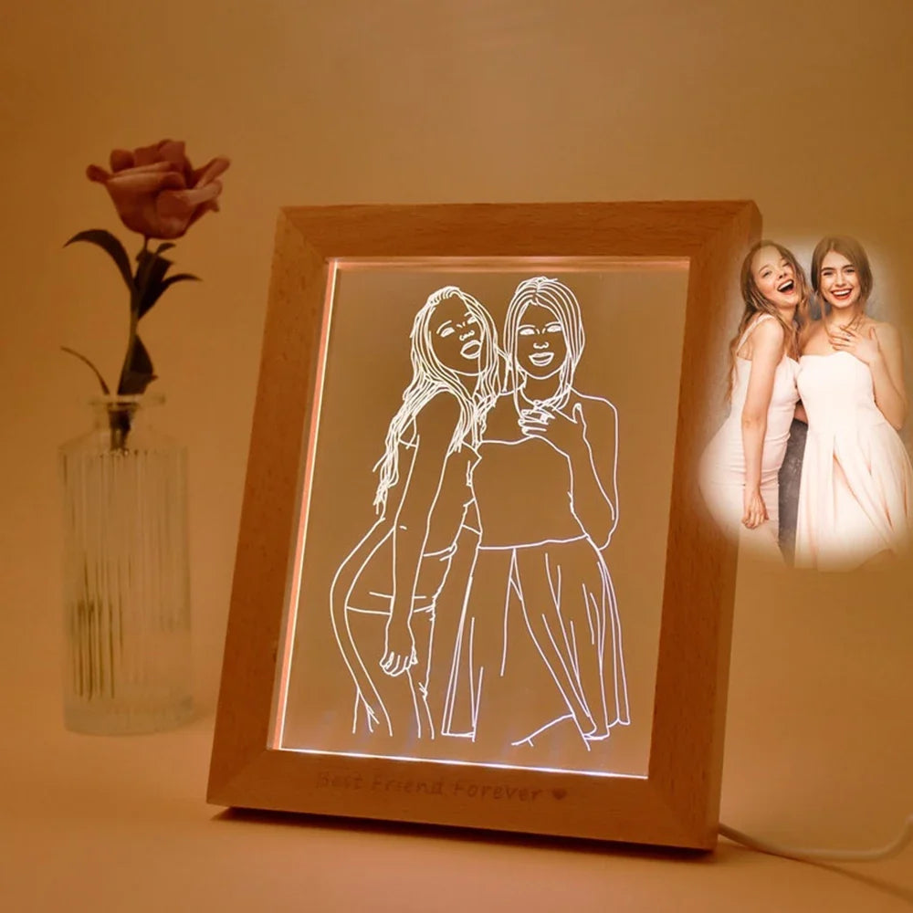 Personalized Wooden Photo Lamp With Custom Line Art