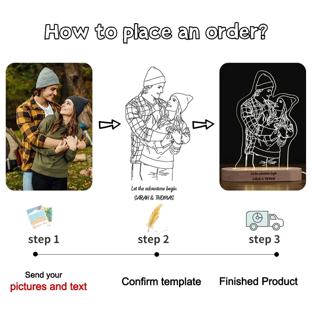 Personalized Wooden Photo Lamp With Custom Line Art