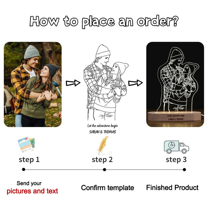Personalized Wooden Photo Lamp With Custom Line Art