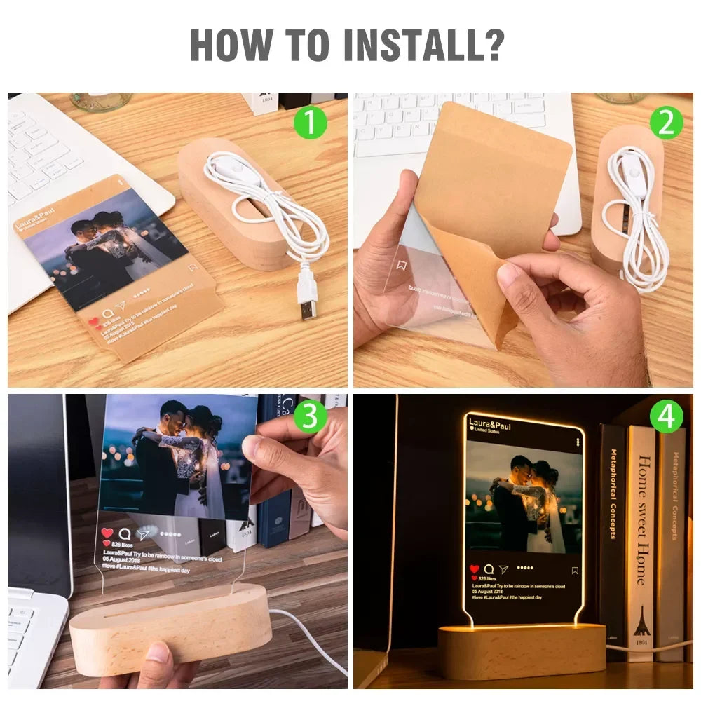 Personalized Wooden Photo Lamp With Custom Line Art