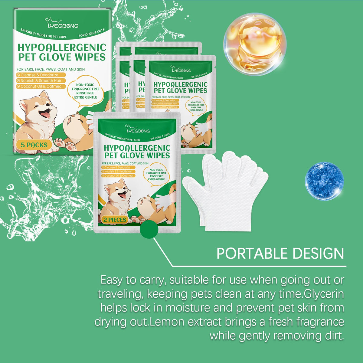 Pet Cleaning Gloves for Sensitive Skin & No-Rinse Care