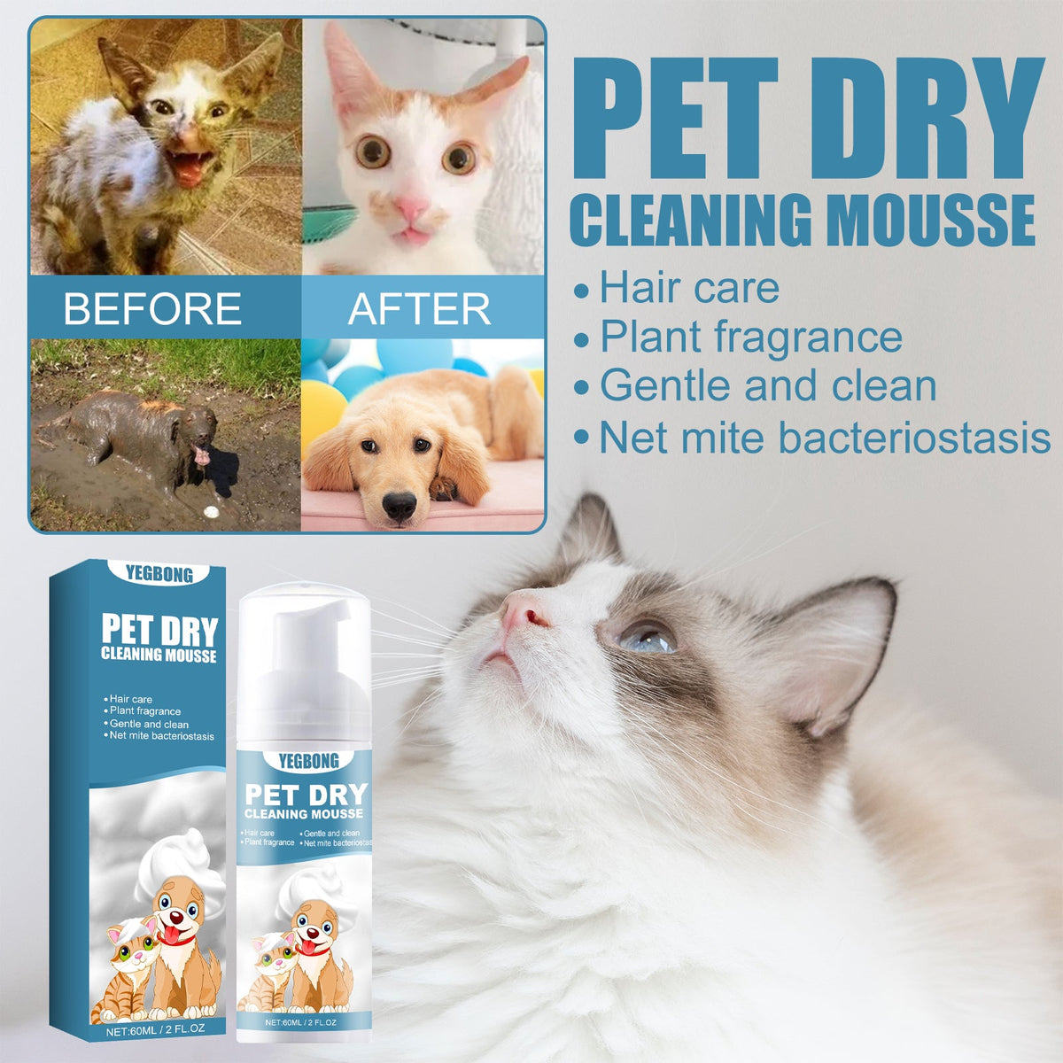 Pet Waterless Mousse Wash for Fresh, Clean Coats, Gentle