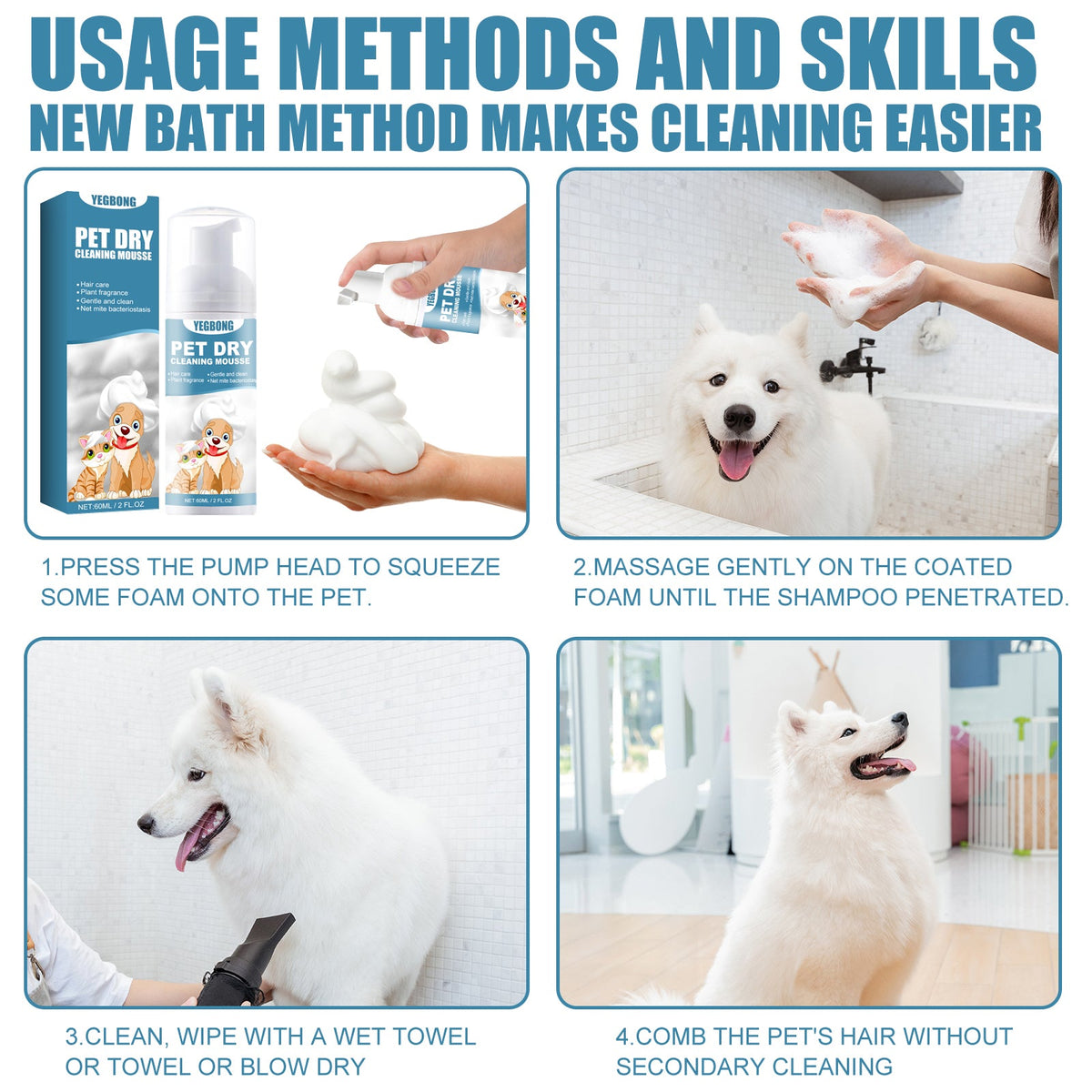 Pet Waterless Mousse Wash for Fresh, Clean Coats, Gentle