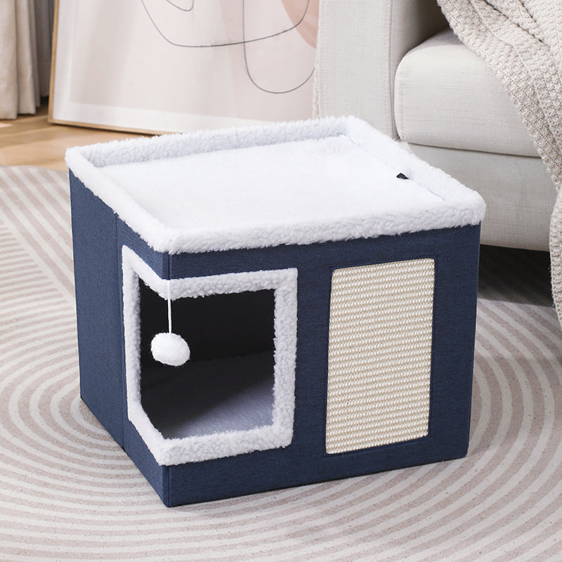 3-in-1 Cat Bed Stool with Scratcher, Hideaway & Toy
