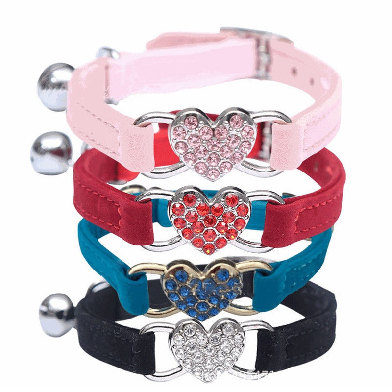 Cat Love Rhinestone Bell Collar with Heart Charm