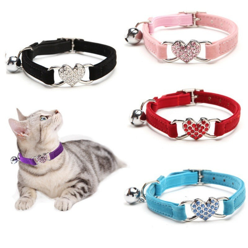 Cat Love Rhinestone Bell Collar with Heart Charm