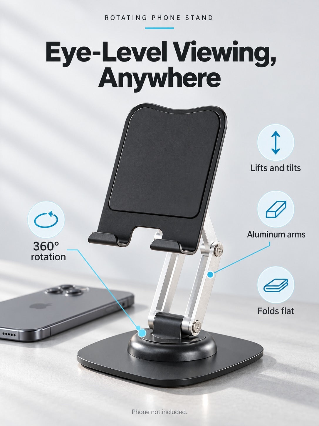 Phone Stand for Desk, 360° Rotating Aluminum Holder