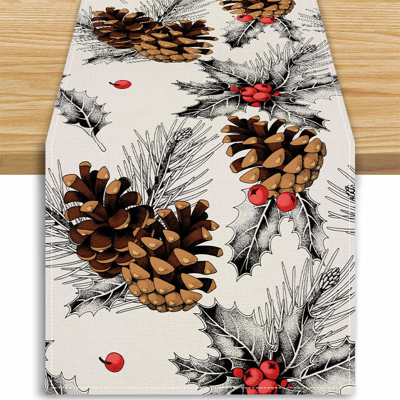 Christmas Table Runner With Rustic Pinecone Decor Print